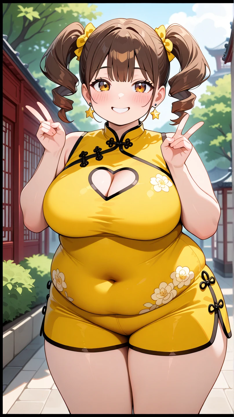 ((high reasterpiece), perfect anatomy, perfect shading, field of depth, (best quality), extremely delicate and beautiful, perfect lighting, detailed face, ultra cute face, cute, (cowboy shot 1.2), looking at viewer, full body, ((1girl)), ((solo)),
short hair, fluffy hair, brown hair, green eyelush)), nervous (chinese split dress 1.2), extremely tight clothes, medium breasts, cleavage, perky breasts, (((wide hips))), ((thick thighs)), (chubby), chubby belly, fat rolls, belly hang,
street, town, chinese festival, night time, intricate background, detailed background, standing,