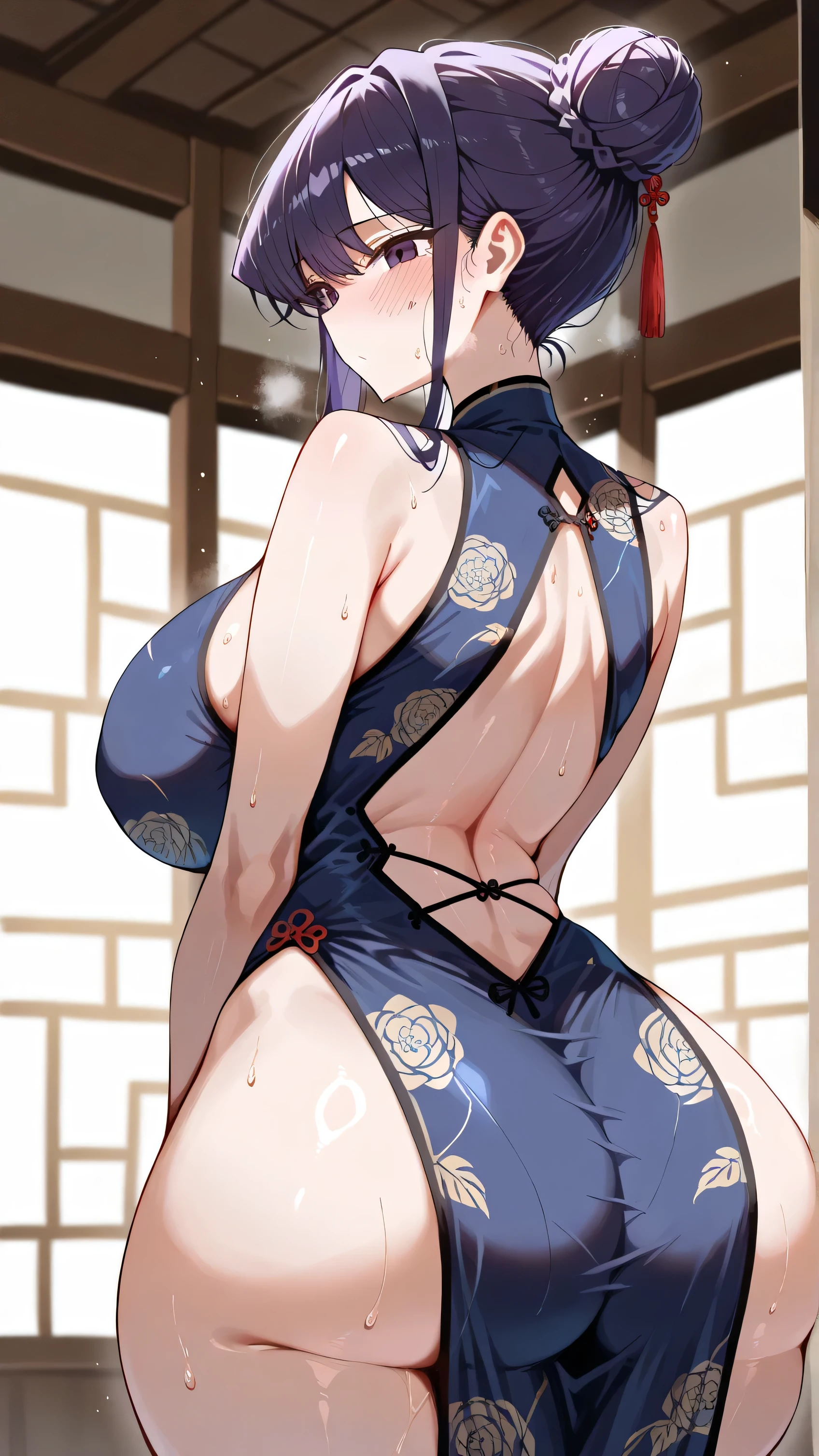 one arafed woman with purple hair and green eyes, japanese tattoo sleeve on her right arm, sexy dress, sfw, japanese temple