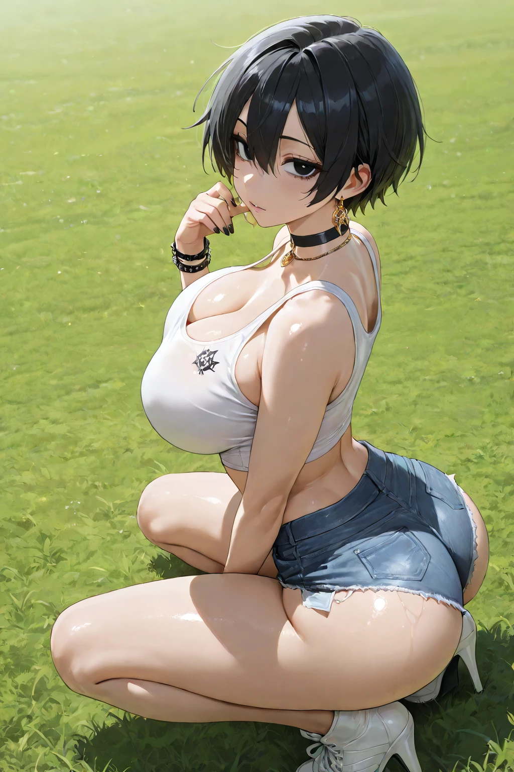 (巨作)), ((Best quality)), (Ultra-detailed), ((kawaii)), kawaii, (Lovely), ((Extremely detailed)), 4K, (8K), Best quality, (Beautiful),(((World-class quality))), Extremely detailed, High resolution, (detailed shaded pretty face), Full body, Adolecente, solo, ((seios gigantescos)), (((Sagging breasts))),((Extra-long hair)),((denim vest，and wear no underwear，Expose navel，Super short skirt)),  oikawa shizuku , armpits, On the bed, From the side Side