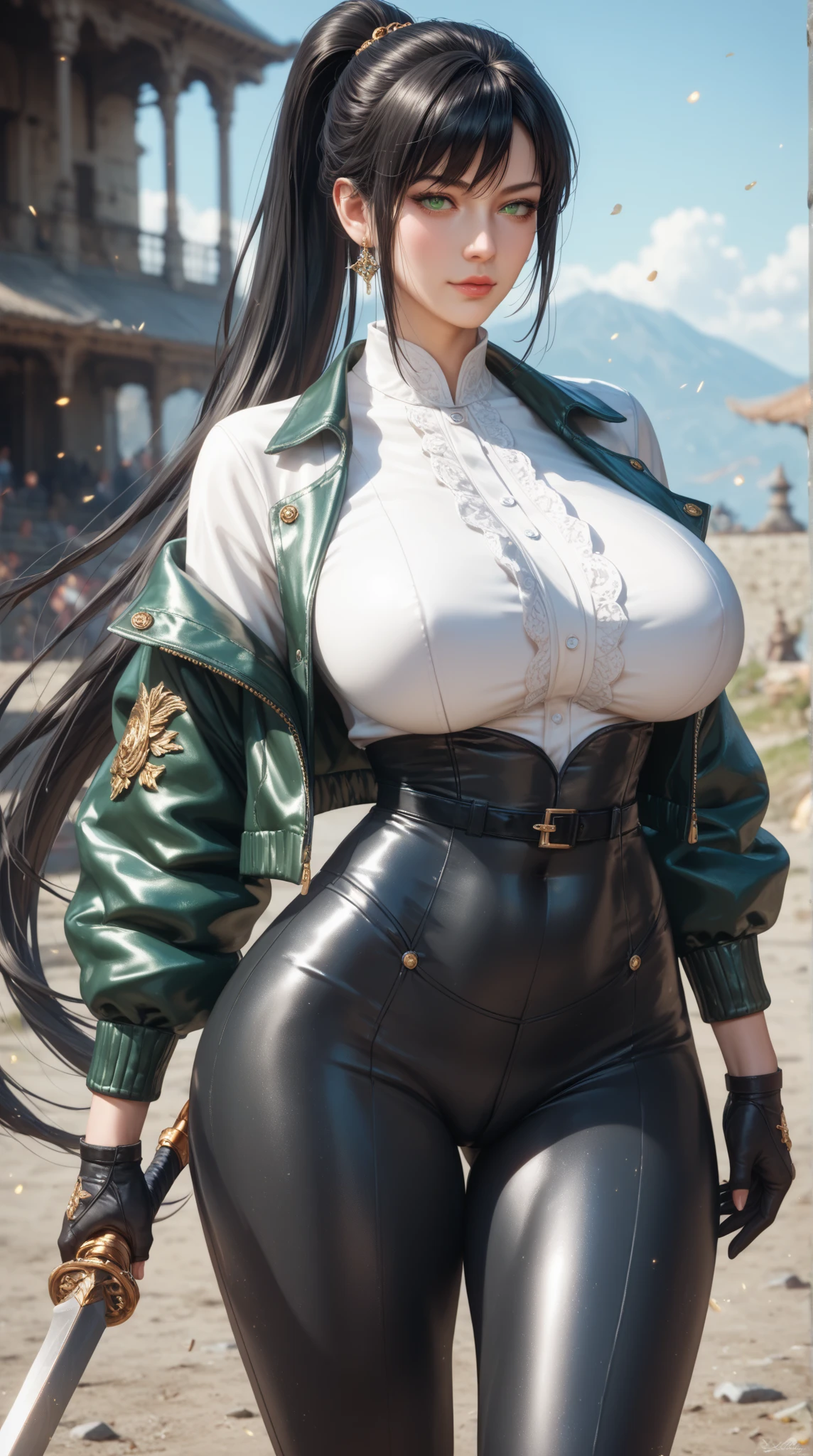 1female,45 yers old,Married woman,legs long, Slim waist, photo exposure, 独奏,(Background with:at a forest,the rainforest,Ground area water) She has long black hair,Stand deep in the forest,seen from the front, curlies, sky with many clouds,(((tmasterpiece),(Very detailed CG unified 8k wallpaper),Best quality at best,电影灯光,detailed back ground,beautiful pupil,(very delicate beautiful),(Beautiful and detailed eye descriptions),ultra - detailed,tmasterpiece,))Redlip,Snow-white skin,a little bit chubby,pubic hair very large,facing at the camera,A high resolution,ultra - detailed),Revealed,Very huge,, convex,Camel toes,The cleavage protrudes,Aviator(dressed in:Officer's cap,Green baseball jacket),frontage