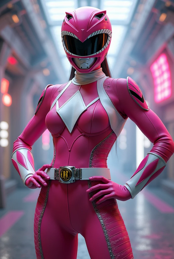 Power Rangers Pink, ((1人の女性)), ((Slim female body)), Solo, ((Full face helmet with no exposed face or hair)), Dark pink suit, (Thick and intricate lines drawn on the chest), Lines on the sides of the suit, a belt, Wear a dark pink suit and long gloves、Boots are white, (Very shiny helmet and suit), Three-dimensional helmet, jumpping, kick, fighting poses, ((Big city at night on wet background, Lightning in the number of floating, Lightning, electricity, glint)), masuter piece, Super Detail, Best Quality, High resolution, reflective light, ((Anatomically correct))