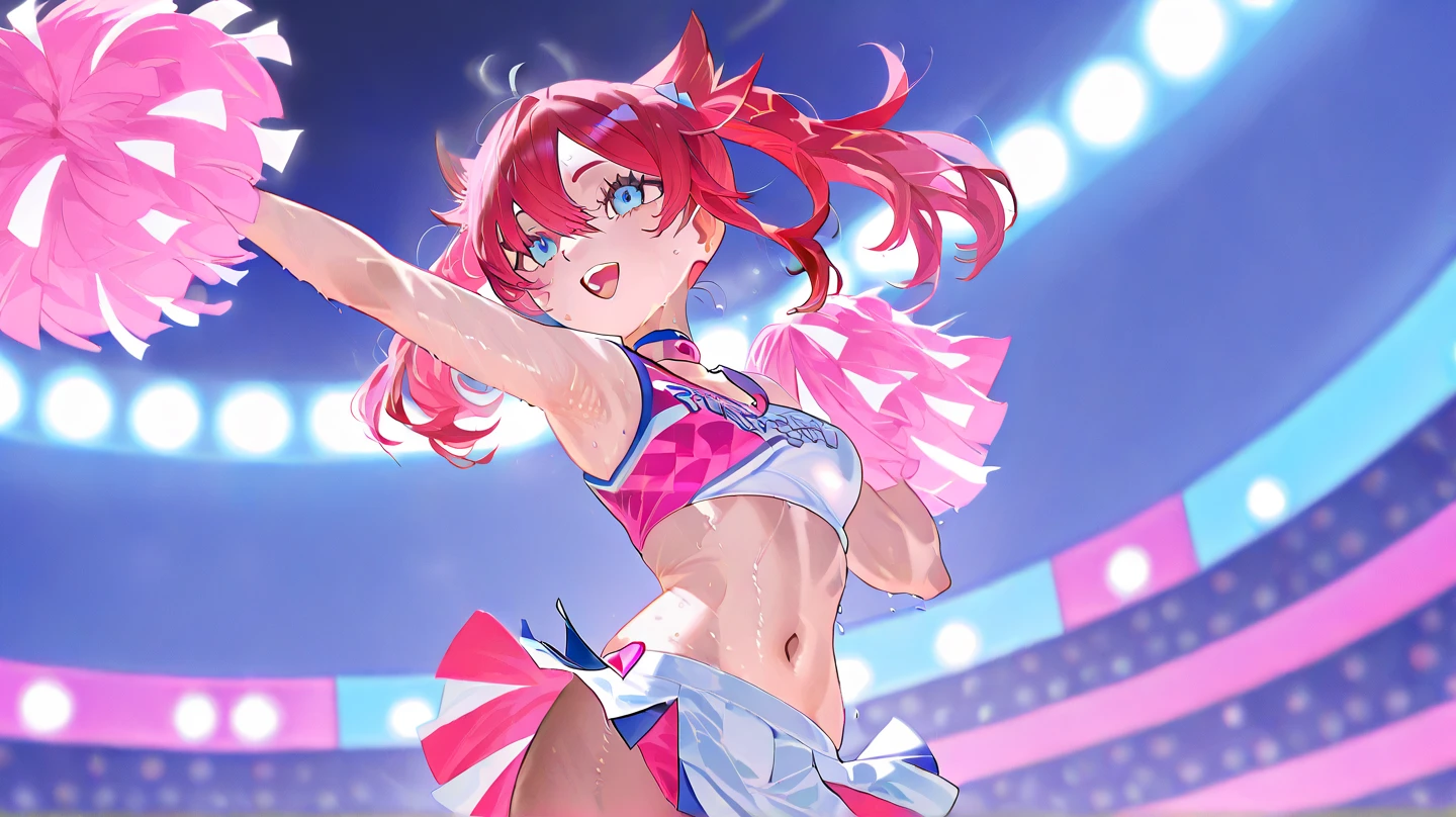 masterpiece, highest quality,  Poor breasts、crimson hair、ponytail、Glowing yellow eyes、Bangs between the eyes、Sexy pose、Pant voice、Lewd atmosphere、Ahoge, Short-sleeved sailor uniform、Pleated skirt,slender legs、8-year-old、Ecstatic expression、I love hold、Spurting body fluids、I feel good！、Prohibited from viewing、Entangled Tentacles,Girl flying in the sky