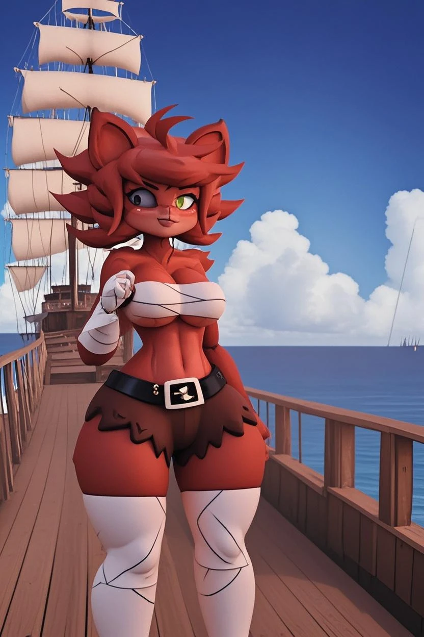 powder nekocrispy, Alone, female, leona negra, Big belly, long red hair, green brazier, green underwear, black fur, cola, Big  ,fat body, Wide hips, pose sexy
