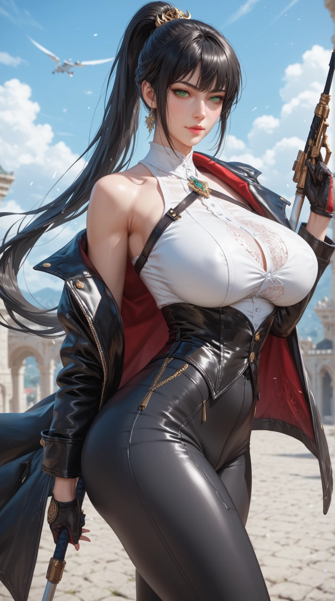 Ultra realistic illustration,hyperrealistic,dramatic,"bbfng,((Arms up and resting on head)),looking at viewer,long hair,large breasts,((bandage over one eye)),black coat,coat on shoulders,military uniform,red jacket,long sleeves,white gloves, belt,pleated skirt,black skirt,white pantyhose,standing,(gigantic breasts:1.5),narrow waist,(forced smile:1.5),(red eyes:1.5),(huge ass)",pixabay,8k,vivid,cinematic lighting,(extremely detailed),(depth of field:1.5),medium full shot,sunset