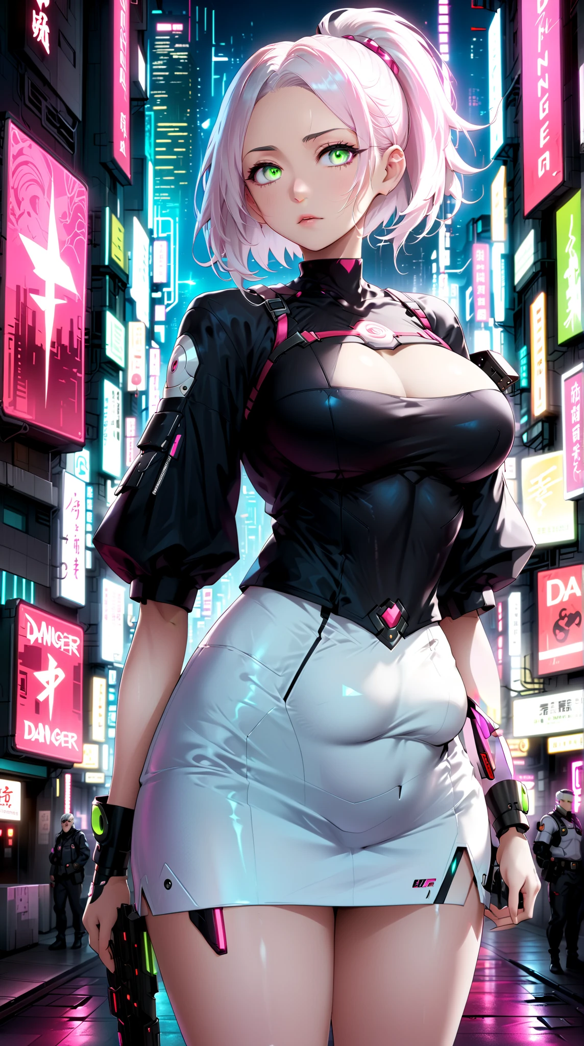 cute albino girl,(((1girl))),((anime albino girl with extremely cute and beautiful white hair walking seductively down the street)),
(small breasts:1.4),(((white hair:1.35,colored inner hair,ear breathing,small hair, tomboy haircut))),((heterochromia, eye1 white, eye2 aqua, perfect eyes, upturned eyes:1.3, beautiful detailed eyes, finely detailed beautiful eyes:1, big highlight on eyes:1.2, slanted eyes)), ((fat)),(((pale skin, lustrous skin:1.5,bright skin: 1.5,skin tanned,shiny skin,very shiny skin,shiny body,plastic glitter skin,exaggerated shiny skin))),(spider lower abdomen,narrow waist,wide hip,athletic body,inflated legs,delicate detailed fingers,detailed body,detailed arms,human hands, detailed hands),
cute,slutty,seductive,erotic,(((nsfw))),
(((wearing white formal blazer,white pants,))), (((huge cleavage))), (detailed outfit,detailed clothes),
(dynamic pose:1.0), solo focus, embarrassed, centered, scale to fit dimensions, Rule of thirds,
outdoors, ((night view)), (cyberpunk night street Background: 1.5,dark sky,alleyway,lonely alley,thick clouds, detailed background:1.25),
(best quality), (high resolution), (sharp focus), (ultra detailed), (extremely detailed), (extremely high quality artwork), 8k_wallpaper, (extremely detailed CG 8k),(very fine 8K CG), ((hyper super ultra detailed perfect piece)), flawless, (((masterpiece))), illustration, vibrant colors, (intricate), High contrast, Selective lighting, Double exposure, HDR (High Dynamic Range), Post-processing, Background blur,
