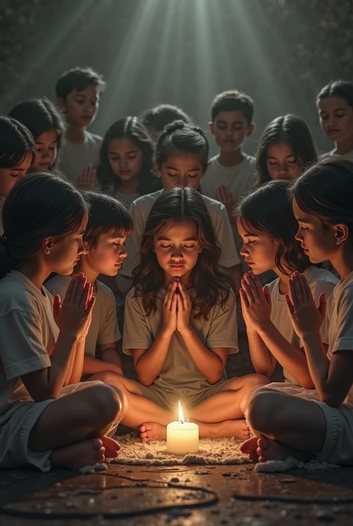 A girl and 5 boys are doing worship work together