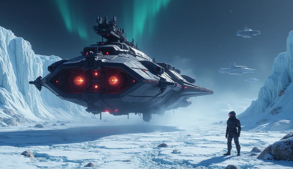 A photo of a sci-fi ((1tank)) on a frozen ice planet