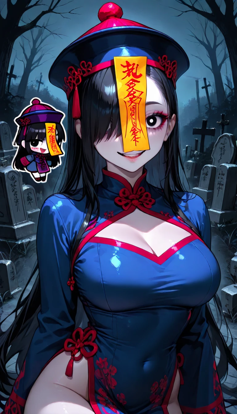 masterpiece, best quality, 4k, 8k, 1girl, solo, long hair, blunt bangs, side braid, black hair, droopy eyes, big eyes, ruby red eye, lemon yellow eye, heterochromia, slender frame, evil smile, large breasts, ofuda, jiangshi costume:1.2, fang, horror, coffin, forest, midnight, fog, from front, cowboy shot, look at viewer, paw pose,