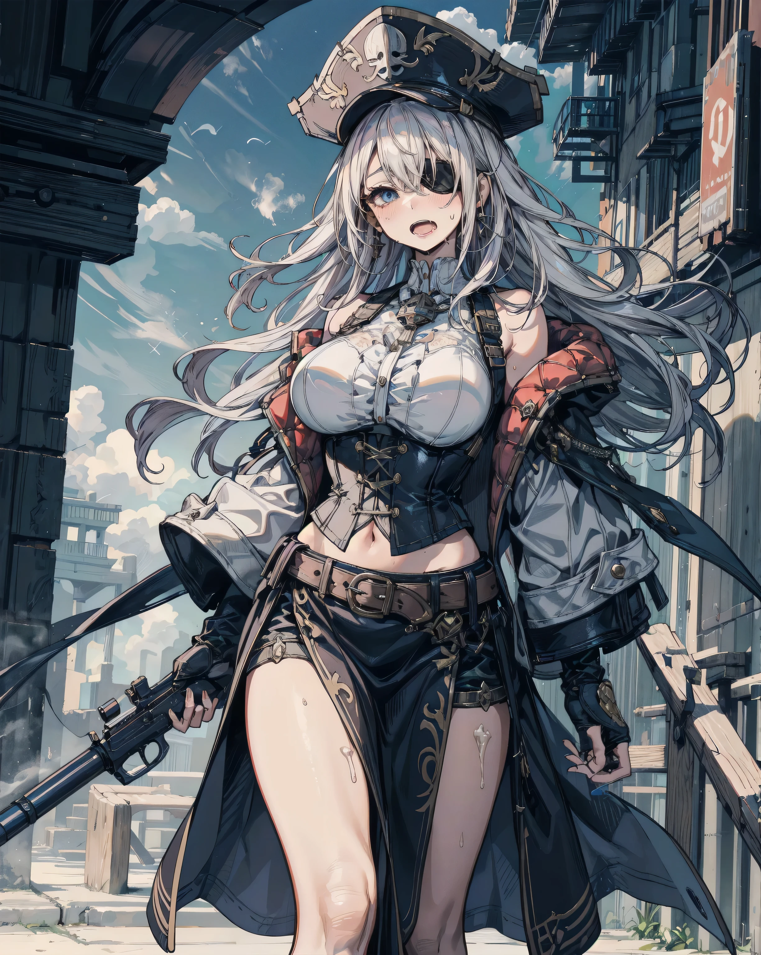 incredibly absurdres, RAW photo, extremely delicate and beautiful, masterpiece, Highest Quality, ultra high resolution, 32k, photorealistic, ultra-fine painting, sharp focus, physically-based rendering, extreme detail description, professional, perfect anatomy, correct body, super Detailed skin, perfect figure, Perfect Style, Perfect balance, ideal ratio body proportions, young girl, very Slim body, narrow waist, small waist, very small head, very small face, delicate face features, very detailed eyes and face, realistic face proportions, Realistic beautiful face, Realistic beautiful eyes, double eyelids, mole under eyes, earring, (very huge round tits:1.2), black hair, wavy hair, medium short hair, asymmetrical hair, Asymmetrical cut, long sidelock, hair behind ear, cowboy shot, legs, thin thighs, (eye rolling, drooling, with tongues, saliva, open mouth, blush, sweat, embarrassed, steaming body, heavy breathing, female orgasm, trembling, sweat, sexy, erotic, seductive, Sensual:1.2), (cum:1.6), Practical pirate clothing, Long-sleeved pirate top, Skirt, pirate hat, coat, corset, black cape, revolver gun, parrot, half eyepatch, 