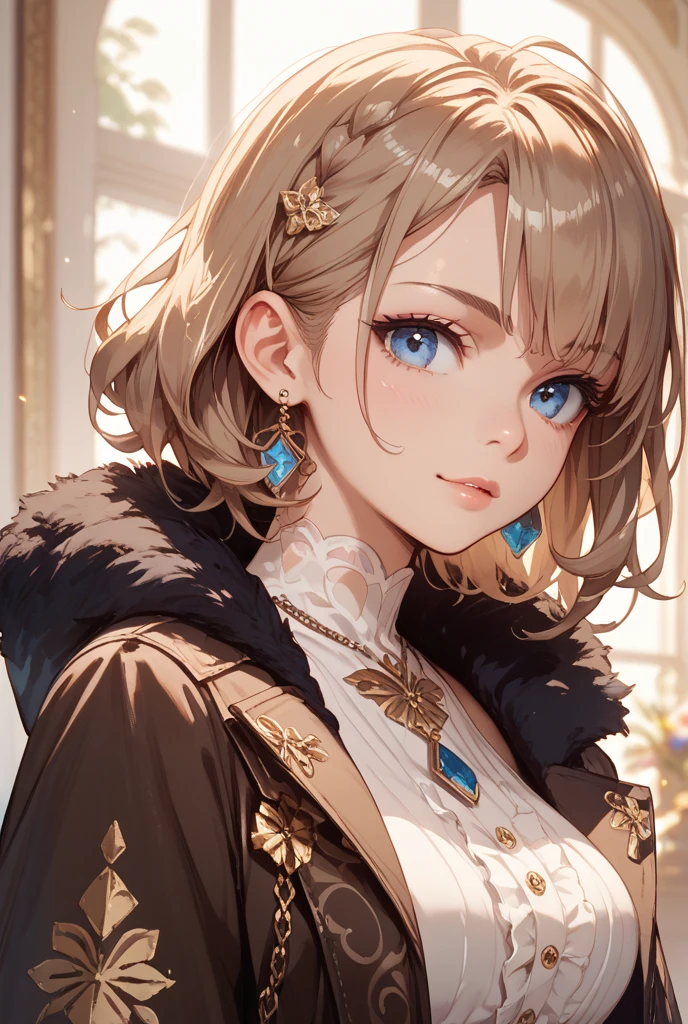 top-quality、tmasterpiece、Very high resolution、super high image quality、High-quality pixels)、perfect eyes, perfect face, perfect body figure，solo，(one woman: 1.3), 8K, (extra-large :1.3)，(Detailed description of hair), (Detailed description of face),(Detailed description of body), fair and clear skin, matchless beauty, long legged, (long light brown hair:1.3), hair between eyes, detailed three-concentric-circles eye, shirt, single earing, mild ssmile, black coat, fur trim, casino inside, jewelry, cowboy shot