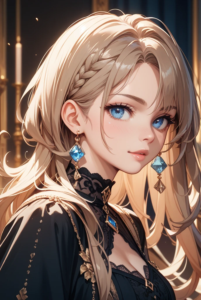 high resolution, Masterpiece, Anatomically correct, precise, qualityที่ดีที่สุด, quality, 1 woman, Age 20 years, very long hair, platinum blonde hair, marine eyes, Unique hairstyles, big breasts, earring, Dark makeup, A cold expression., simple background, Close-up photography, decorations, Anime style , royality , princress ,cute