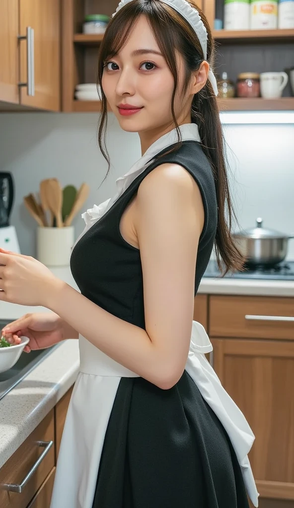mature barista, (full body), (masterpiece: 1.3), (8k, photorealism, RAW photography, best quality: 1.4), (1girl), shallow depth of field, focused face, soft focus, beautiful face, pearl pink shiny lips, (backlight: 1.5), (surroundings: 1.3), (realistic face), (black hair, medium short: 1.3), Loose wavy hair, Short bangs, Ponytail, Pigtails, Braids, Realistic eyes, Dark brown eyes, Pupil highlights, Beautiful detail eyes, Dark brown eyes, (plenty of natural light), (Realistic skin), Beautiful skin, (white collar blouse), (Apron), (tight skirt), (Carrying tray), Absurd, Attractive, Ultra high resolution, Ultra realistic, High Definition, Golden ratio, detailed café dining background, blackboard menu, backlight from back window, pale skylight with natural light, natural light lighting from diagonally front of face, (small head), (small), perfect anatomy