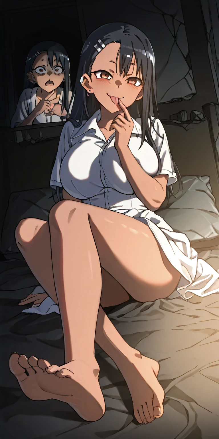 (​masterpiece:1.2、top-quality)、1girl in、Slimed、A slender、Blue eyes、embarrassed from、A dark-haired、Medium bob、pulled by another、POV、fish-eye lens、grabbing on breasts、laying on back、a bed、(nsfw:1.5)