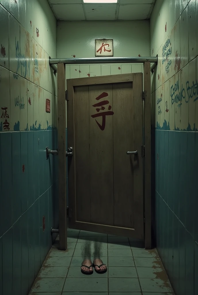 A dimly lit, narrow school bathroom corridor with a single wooden stall at the far end. Above the stall, the kanji for "Hanako" is etched into the peeling paint, casting a faint glow. The stall door is slightly ajar, revealing a pair of small, delicate feet in traditional Japanese sandals, floating a few inches above the damp, tiled floor. The air is thick with the scent of incense and an eerie silence, broken only by the distant echo of giggling schoolgirls' whispers. The walls are adorned with faded graffiti, some depicting the urban legend of Hanako-san, the ghost of a young girl who is said to inhabit such spaces. A shy, spectral hand with translucent skin reaches out  the door, its fingers tapping gently yet insistently on the metal frame. The atmosphere is tinged with a mix of innocence and horror, as the presence of the supernatural is palpable, invoking a chilling sense of curiosity and fear in the viewer. The soft, muted colors of the scene enhance the vintage look, transporting the audience to a time when the legend was born and thrived in the minds of students daring each other to summon the ghost.