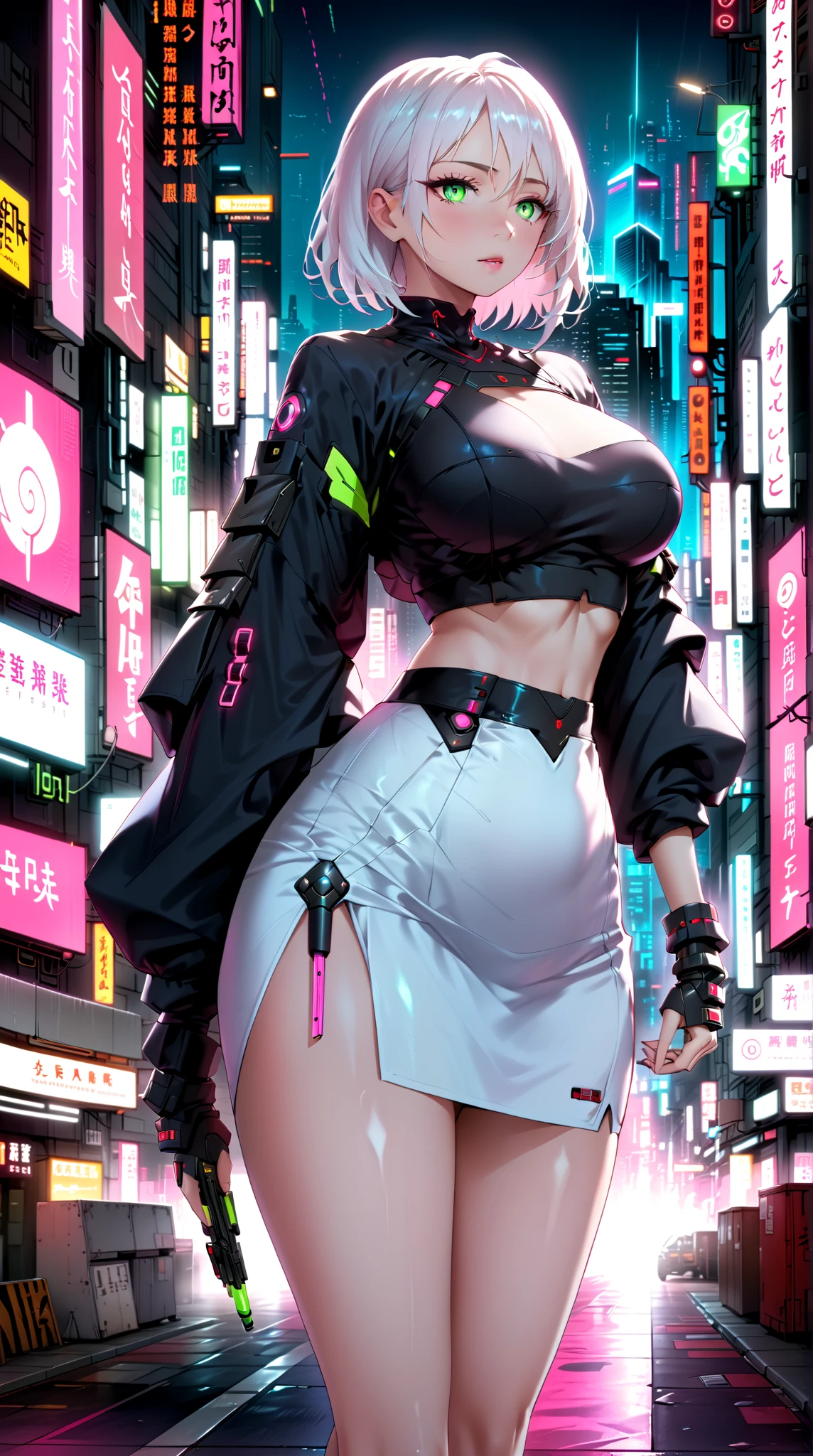 1girl|blusa verde claro |mostrando o umbigo|universo cyberpunk,cabelo cortado verde claro , cyber right arm| cyber-eye|verde claro|, arm at the waist,pernas cyberpunk,sexy,middlebreasts, Cyberpunk Scenario --auto