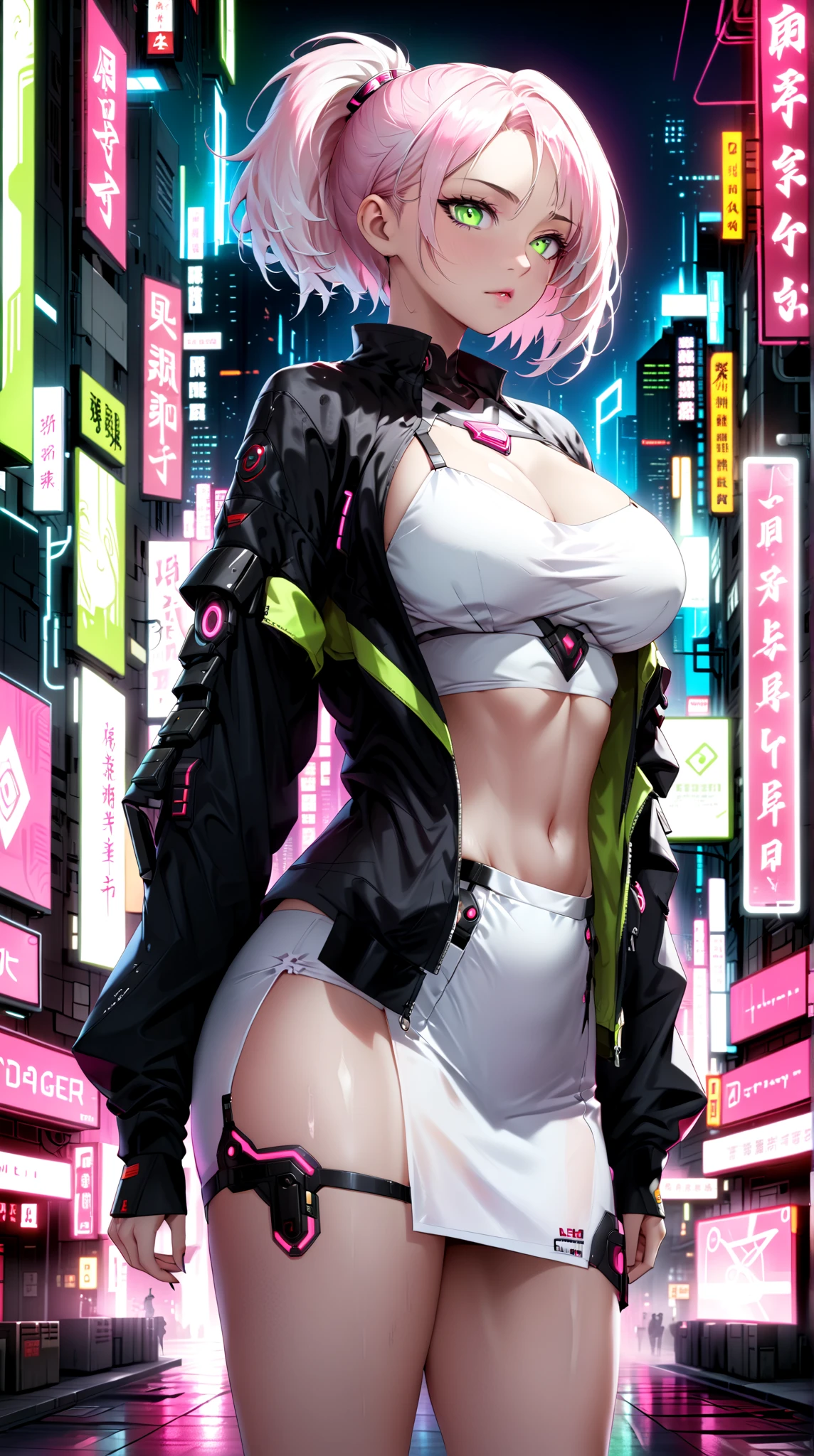 anime girl with a chainsaw and a gun in her hand, cyberpunk art by Shitao, pixiv contest winner, auto-destructive art, oppai cyberpunk, thicc, heavy detailed, (sfw) safe for work, heavy looking, biomechanical oppai, giantess art, badass anime 8 k, thicc build, highly detailed giantess shot