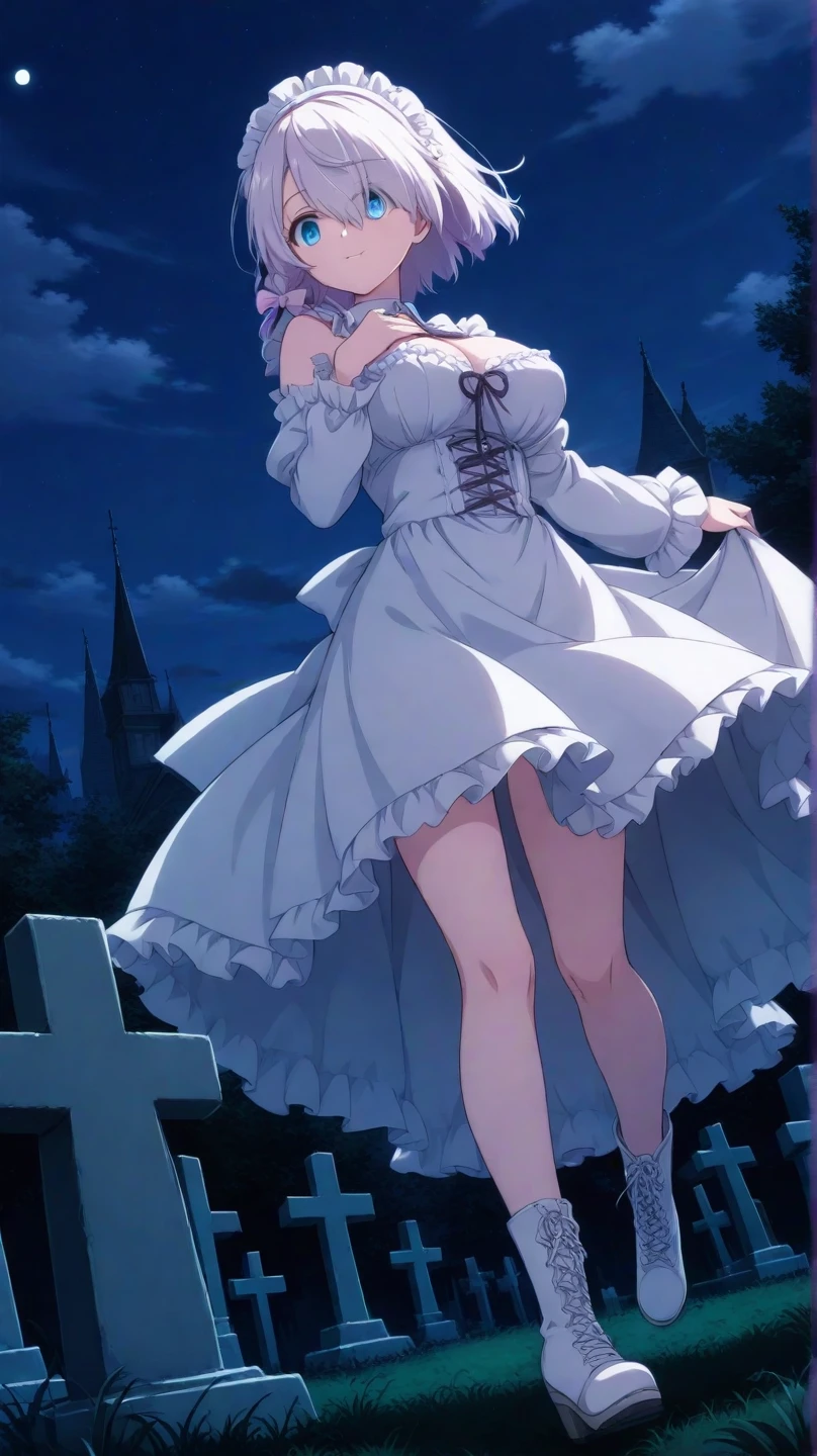 best quality, 4K wallpaper, masterpiece, extremely detailed CG unity 8k wallpaper, extremely detailed eyes, ultra-detailed, 1girl, solo, medium breasts, Ollie, zombie_skin, multicolored hair, multicolored eyes, twintail hair, earrings, style-bridal, outdoors, night, graveyard, looking at viewer, smile, standing, crossed legs, upper body,