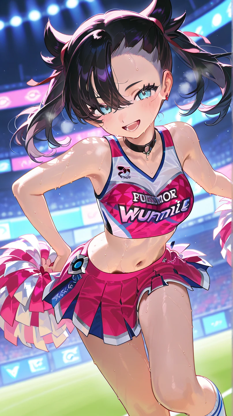Clothing with tiger printed on it,tubetops,Underboobs,ponytail,cheerleader, stadium, team spirit, pom-poms, enthusiastic, energetic, crowd, uniform, sports event, cheering, colorful, dynamic pose, happy, vibrant, teamwork, celebration, night game, lights, action
