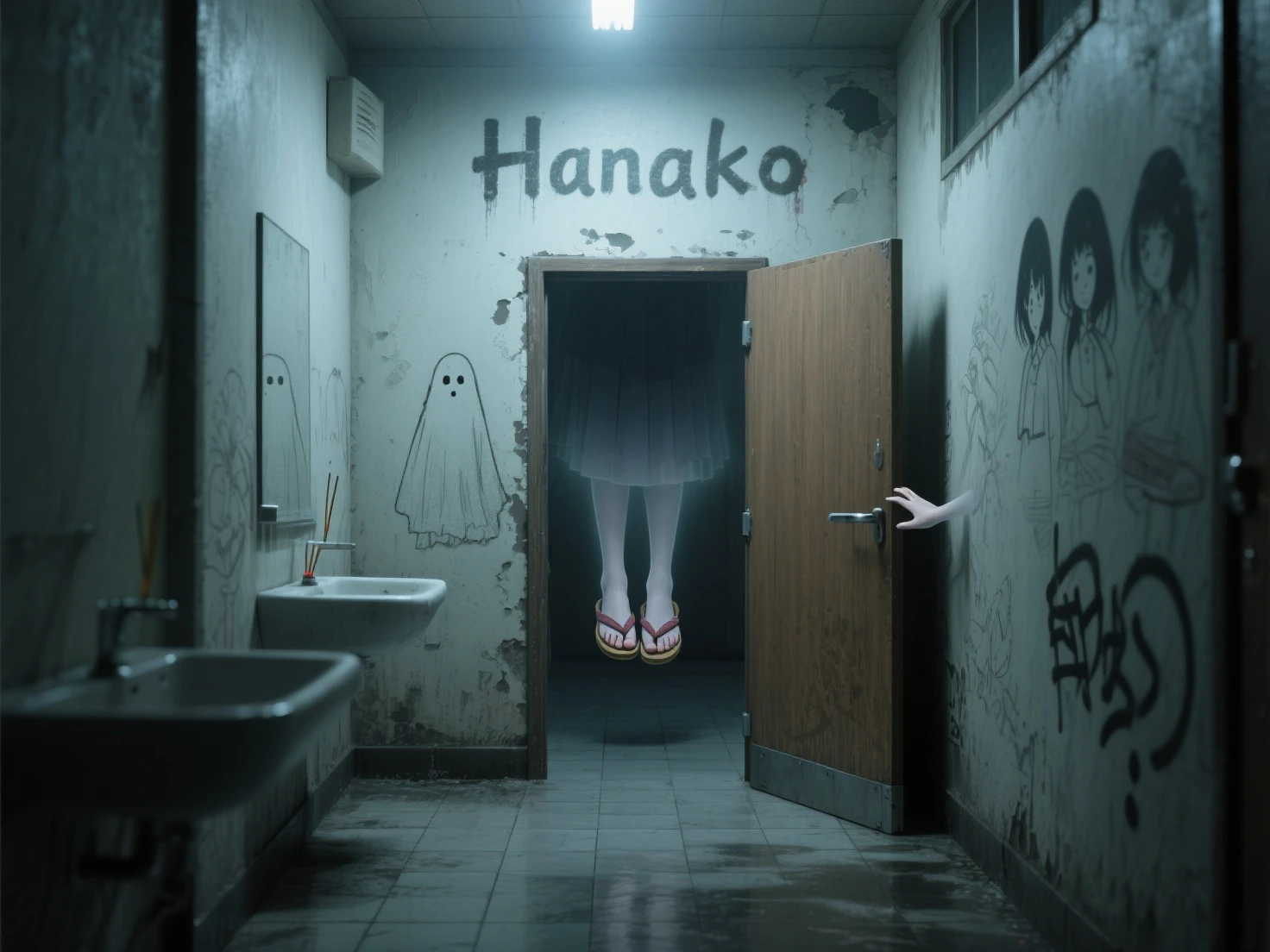 A dimly lit, narrow school bathroom corridor with a single wooden stall at the far end. Above the stall, the kanji for "Hanako" is etched into the peeling paint, casting a faint glow. The stall door is slightly ajar, revealing a pair of small, delicate feet in traditional Japanese sandals, floating a few inches above the damp, tiled floor. The air is thick with the scent of incense and an eerie silence, broken only by the distant echo of giggling schoolgirls' whispers. The walls are adorned with faded graffiti, some depicting the urban legend of Hanako-san, the ghost of a young girl who is said to inhabit such spaces. A shy, spectral hand with translucent skin reaches out  the door, its fingers tapping gently yet insistently on the metal frame. The atmosphere is tinged with a mix of innocence and horror, as the presence of the supernatural is palpable, invoking a chilling sense of curiosity and fear in the viewer. The soft, muted colors of the scene enhance the vintage look, transporting the audience to a time when the legend was born and thrived in the minds of students daring each other to summon the ghost.
