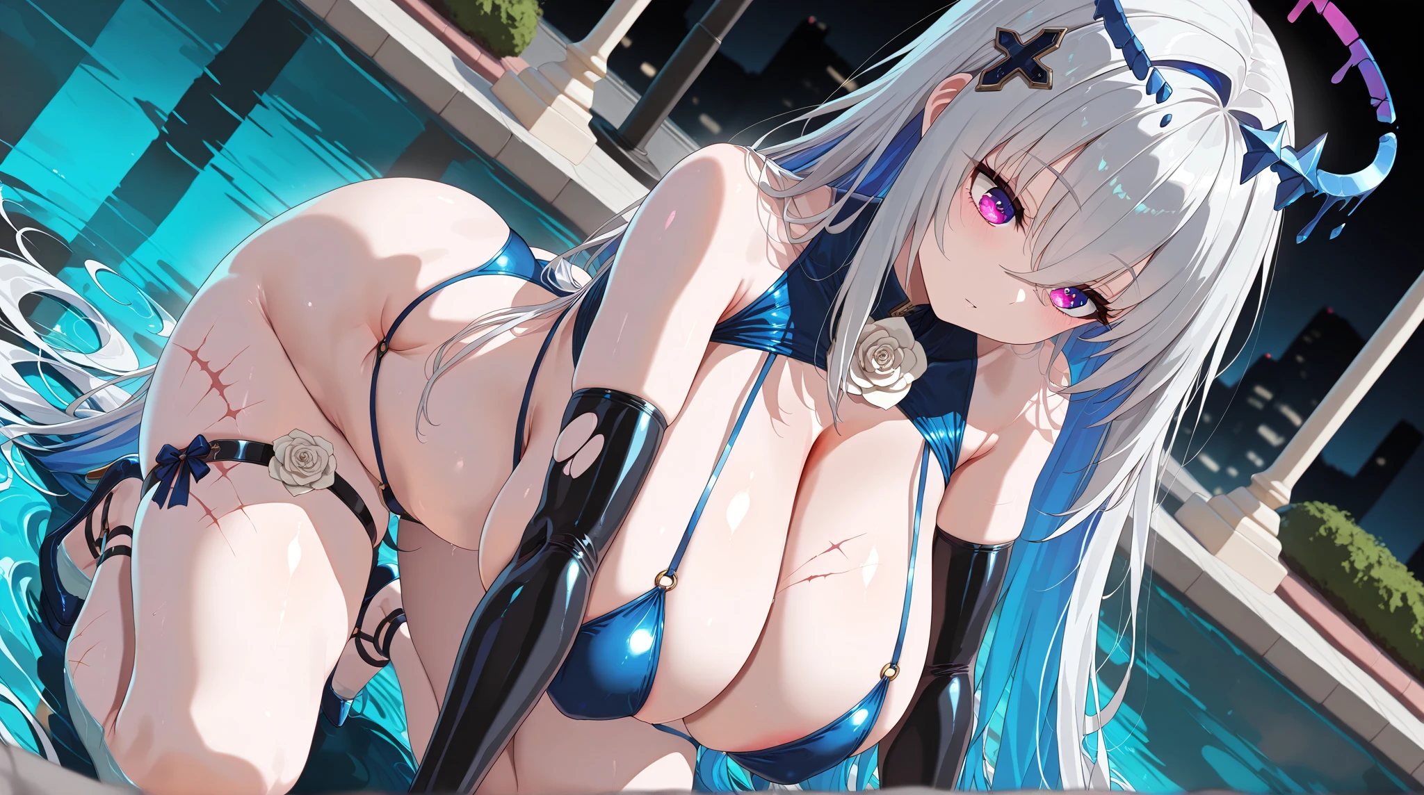 masterpiece, highest quality, High resolution, Asuka, Metallic Micro Bikini, Nightclub, Sweat, (((Leg spread)))、sit、Low - Angle、((Big Breasts、Grown body))、semen、whole body