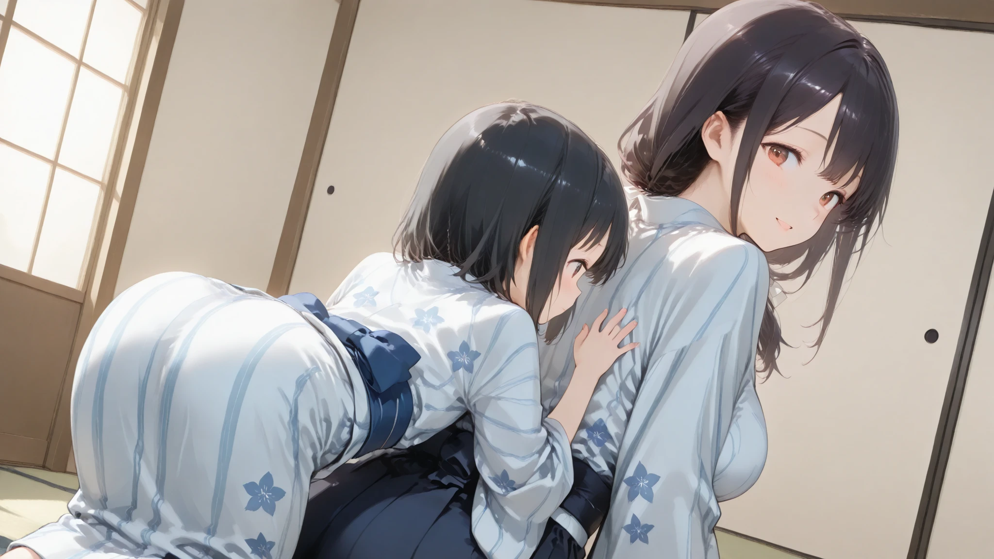 This is a changing room in a Japanese inn.、A mother in her 40s and a 37-year-old aunt are taking off their clothes to take a hot spring bath.、On the way to take off、seminude、R-18 、erotic man、erotic illustration、adult doujinshi、Underwear is visible、They have pubic hair growing on their thighs.、I'm wearing black stockings、A woman with a good amount of flesh、I'm taking off my casual clothes、