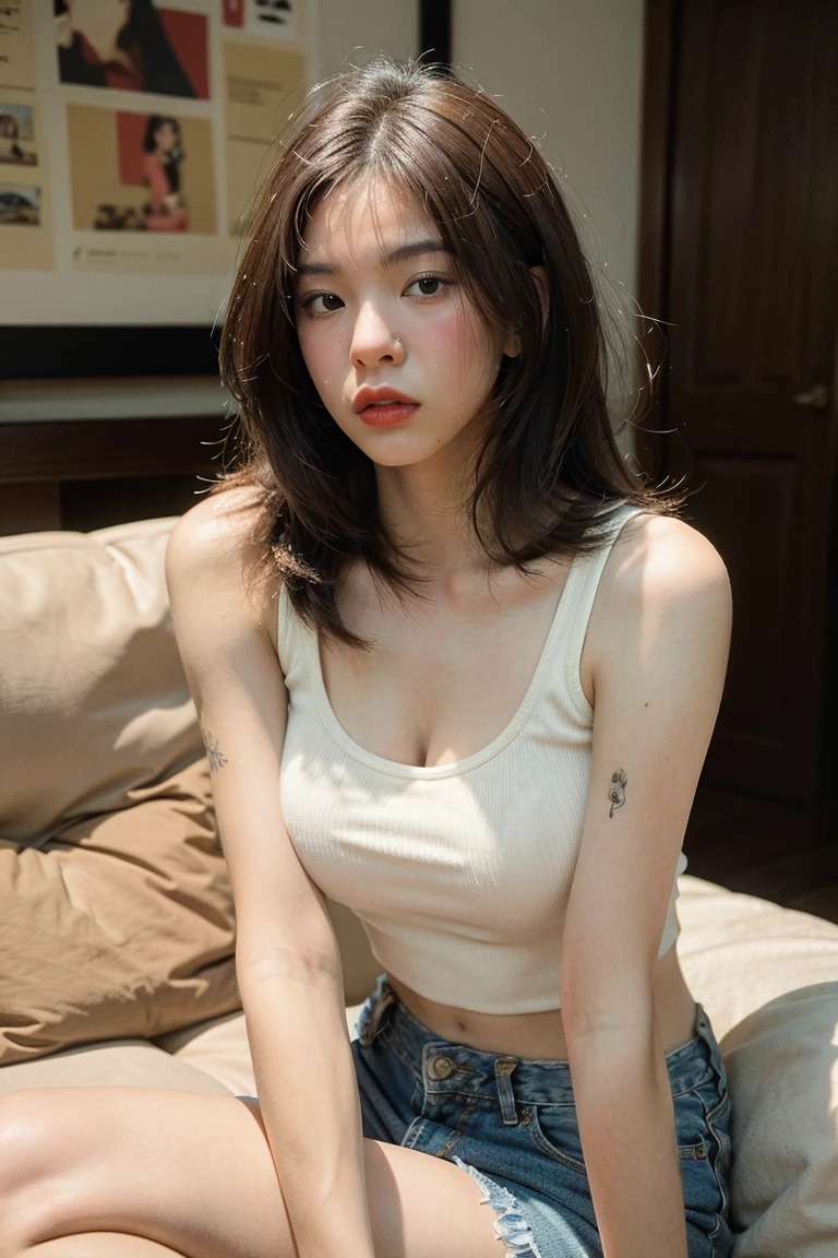 1girl,sitting on a cozy couch,crossing legs,soft light, the most beautifull girl in the entire universe , (short hair), ((big breast: 1.4)) wearing one piece, wearing jacket,