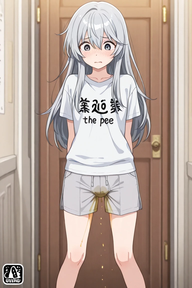 A naked girl exposed in the street、Feeling embarrassed、Are crying、I have a clit piercing、A chain is attached to the clit piercing、She is hiding her chest with both hands、Crouching with legs spread、Knees up、With legs apart、Nipples、Small breasts、Silver Hair、Are pregnant