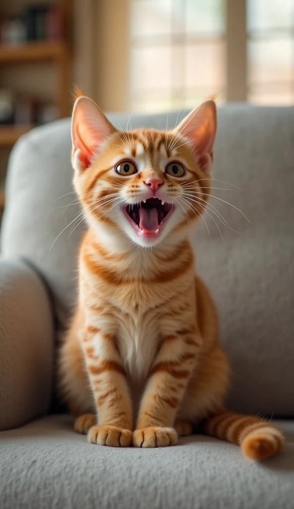 A cute orange cat sitting on the living room sofa. The camera ...