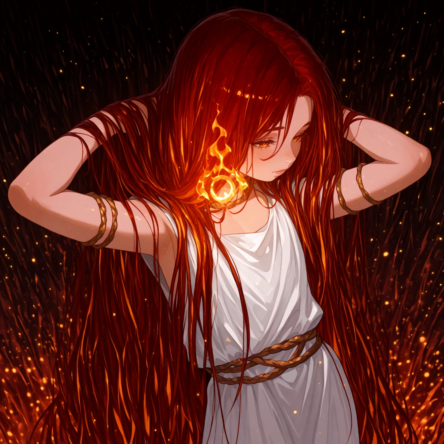 Miquella, Miquella the eternal, the fire ring, child, Little girl, sexy, Alone, from the torso up, white tunic, the fire ring, arms in front, looking at the spectator, beautiful.