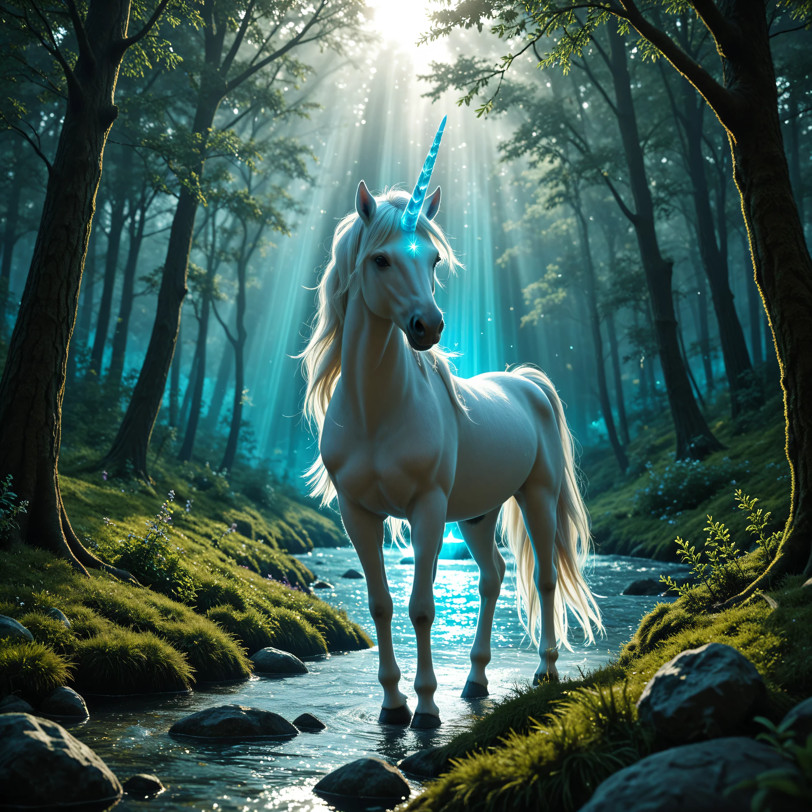 A gentle unicorn with translucent, glowing horn standing by a crystal-clear memory spring in a moonlit forest. The unicorn’s mane flows like water, and glowing memory fragments float above the spring. The atmosphere is calm, mystical, and emotionally resonant. Fantasy anime style, high detail.