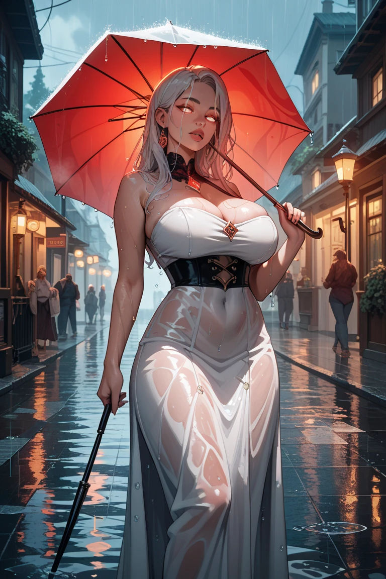 best resolution, Walppaper HD 8K, beautiful and detailed face, gothic woman wearing long dark dress holding an umbrella walking on a dark street with only one streetlight lit rainy night.