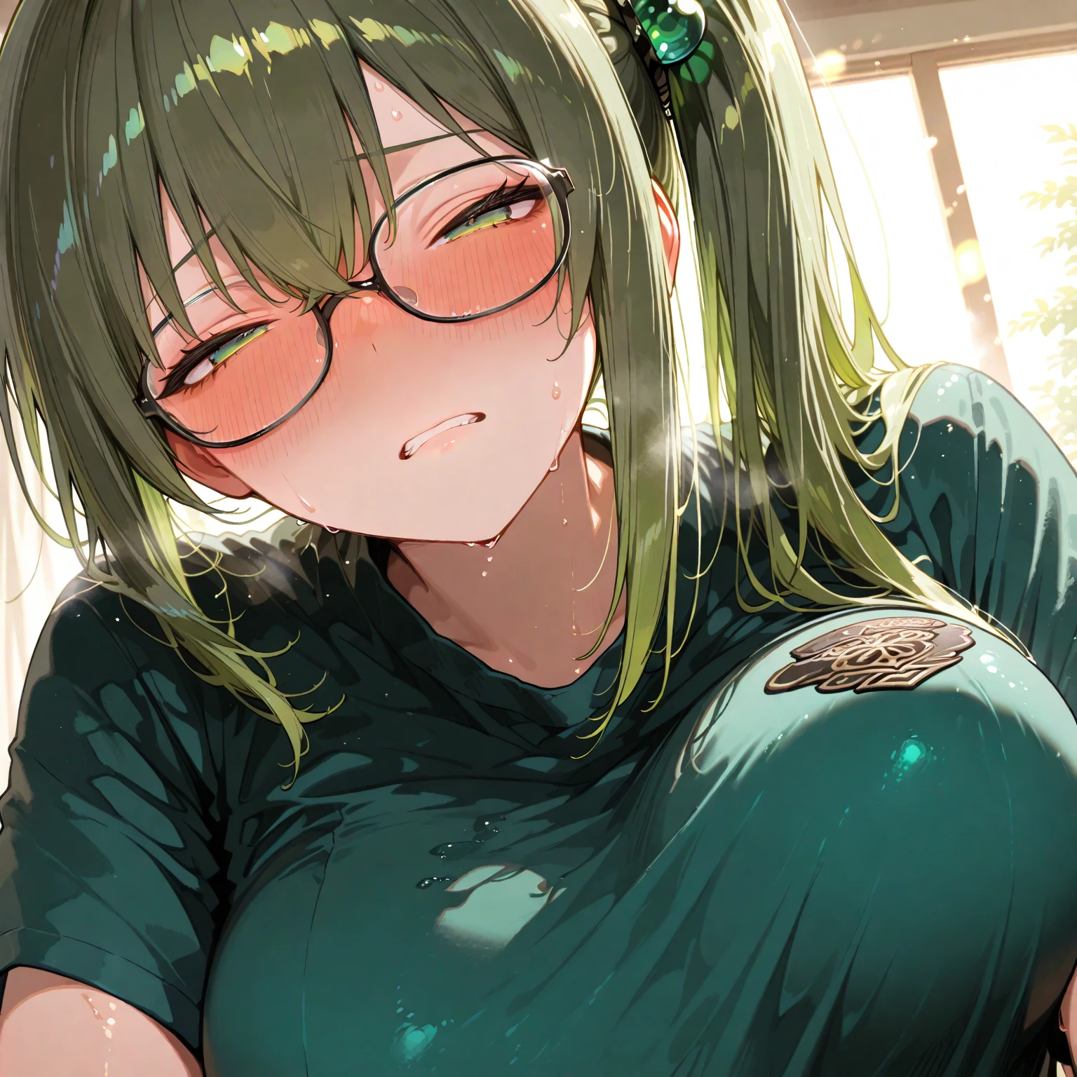 (8k, masterpiece, Best Quality, ultra-detailed, Professional lighting, beautiful detailed faces, bright colors) beautiful chubby mature woman, naked, long green hair tied in a braid, happy smile mouth open tongue out, rolling eyes, wearing glasses, oppai, oppai proportions, golden eyes, whole body visible, outdoor near a lake, pov, sucking giant dick