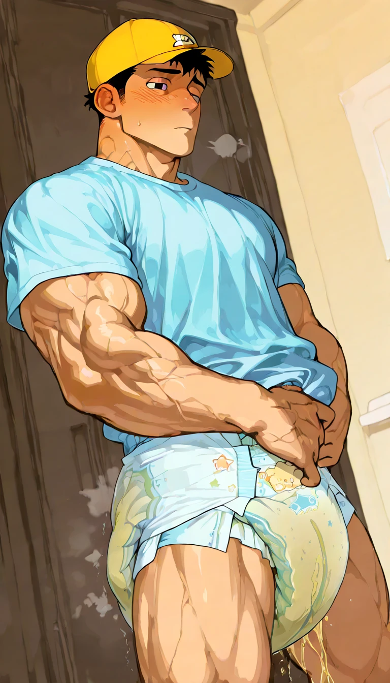 One male, shoulder length hair, tousled hair, blond, blond hair, dark blue eyes, big eyes, tall, slim athletic, bare chest, small boxer shorts underwear, handsome face, stubble beard, highest quality, masterpiece, 2d, anime, perfect face, rugged face, highest detail, stubble, in bed shot, intricate details, full body, room interior, solo, blushing