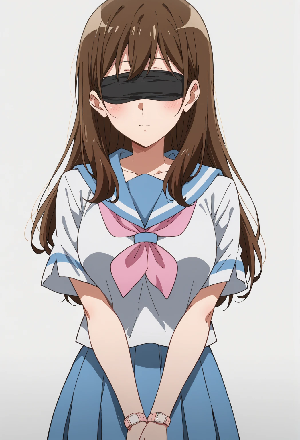anna yanami, anime picture best quality, ultra-detailed, high resolution, extremely detailed cg, unity 8k wallpaper, masterpiece, perfect skinny body, anime picture, femsub,  BDSM, shibari, bound, gag, gagged, tape, tape gag, teary-eyed, tied up wrist together behind her back, arms tied up behind her back, school uniform, storeroom, sitting inside steel locker, Tape Gag, brown hair, brown eyes, long hair, wavy hair, small breasts, black eye glasses, ahoge, school uniform, white shirt, short sleeves, bow, blue skirt, bracing,