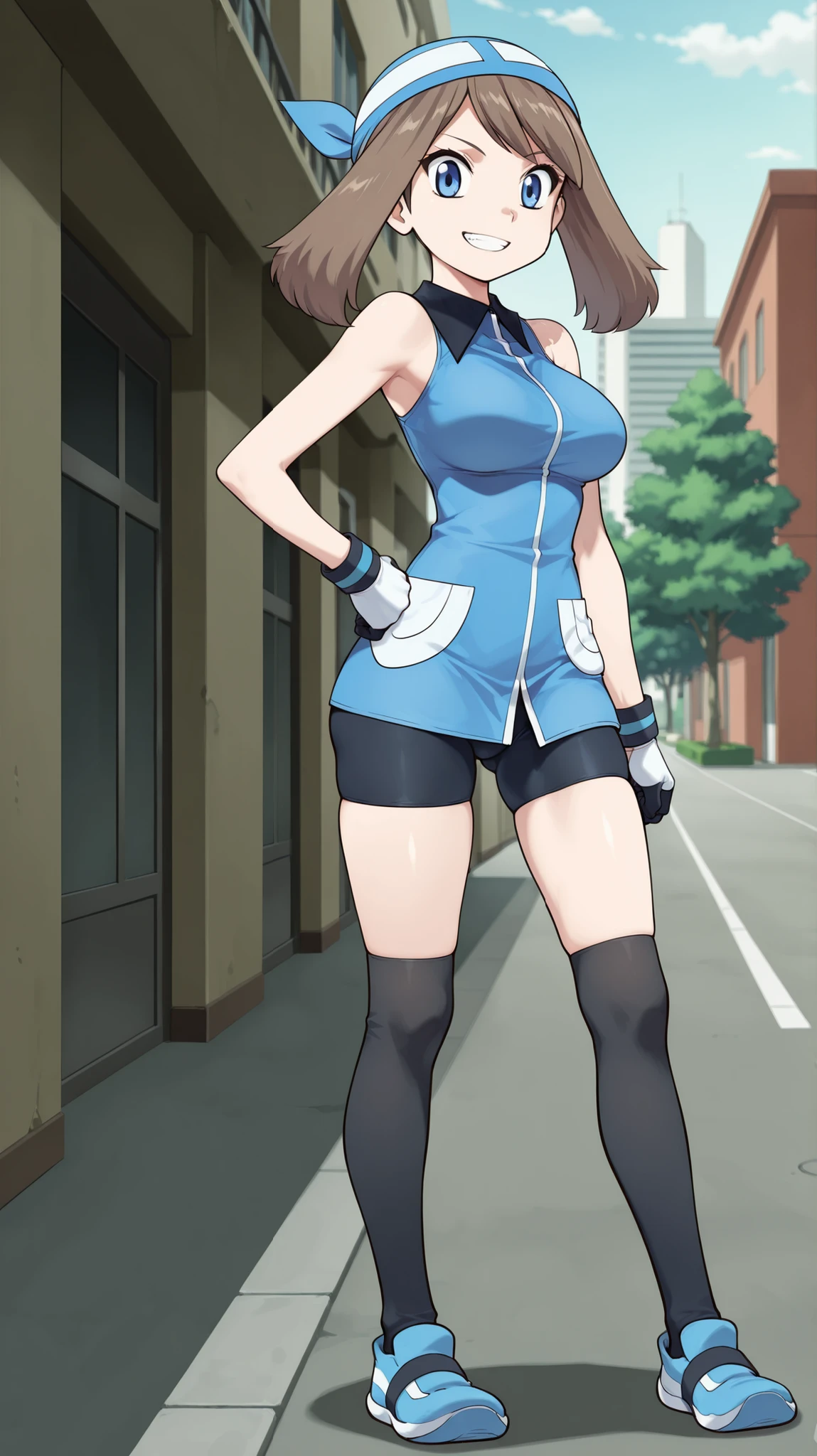 adult older sister, Tall, big boobs, left hand on hips, black knee-high stockings, Absolute region, thighs, Blue shoes, ((anime screenshot, anime cong, )) SapphireBirchILXL, ((top quality)), ((masterpiece)), ((details)), solo, 1girl, two legs, two arms, anime coloring book, 1 woman, Age 18, Full Body, Sexy Design Characters, slim sexy body that can be licked by mobs, Brown hair color , twin tail, blue eyes, A determined smile, teeth, blue bandana, blue sleeveless tunic, Miwaki, black bike shorts, gloves, Watch viewers, standing, City, Sidewalk, May, (\Pokémon\), score_9, score_8_excellent, score_7_excellent, score_6_excellent, Source_anime, cel shading, gradation background, vector,