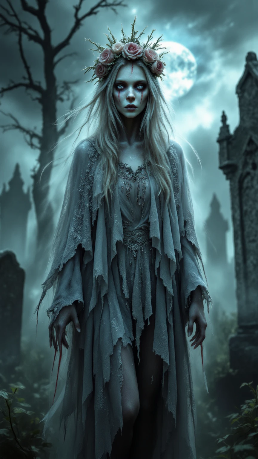 In the moonlit graveyard、Sexy female reaper dressed in black robe、Standing with a bone-like sickle。From the deep slit of the robe、White skin peeking out。Long silver hair dancing in the wind、His red eyes shine coldly in the darkness。In the background are old gravestones and a quiet mist.、There is a mysterious and calm atmosphere。Her expression is calm yet seductive.、Immerse your audience in a deep meditation。Aiming for realistic depictions、The photo is in the highest resolution（8k）Please。
