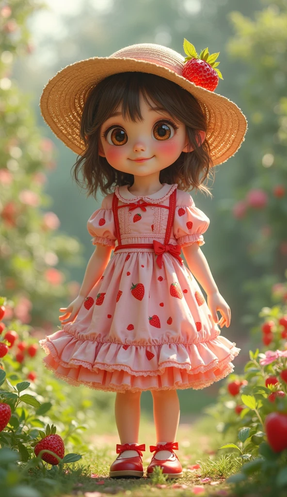 strawberry　pink　cute　girl　whole body　Wear it as a hat with a red ribbon, Long sleeve white dress, And heeled shoes. Her black bangs peeked out from under her hat、Each eye has three eyelashes。. Shine; Sparkling　strawberryの花
