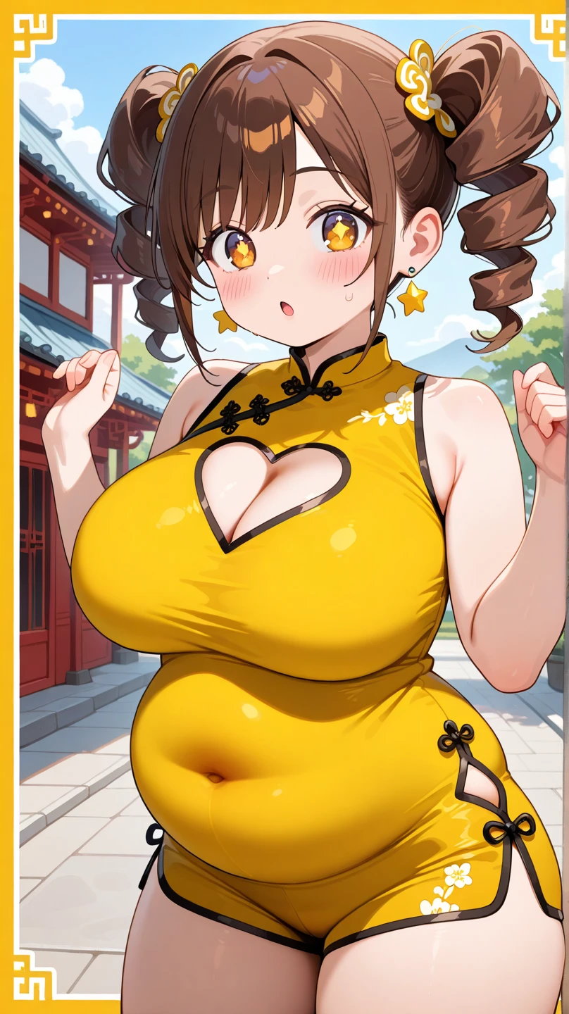 SFW, (Chinese dress, keyhole cleavage), (gigantic breasts, huge breasts, Big breast), arms behind back, firm breasts, slim waist, curvy figure, (brown_hair, orange_eyes), short hair