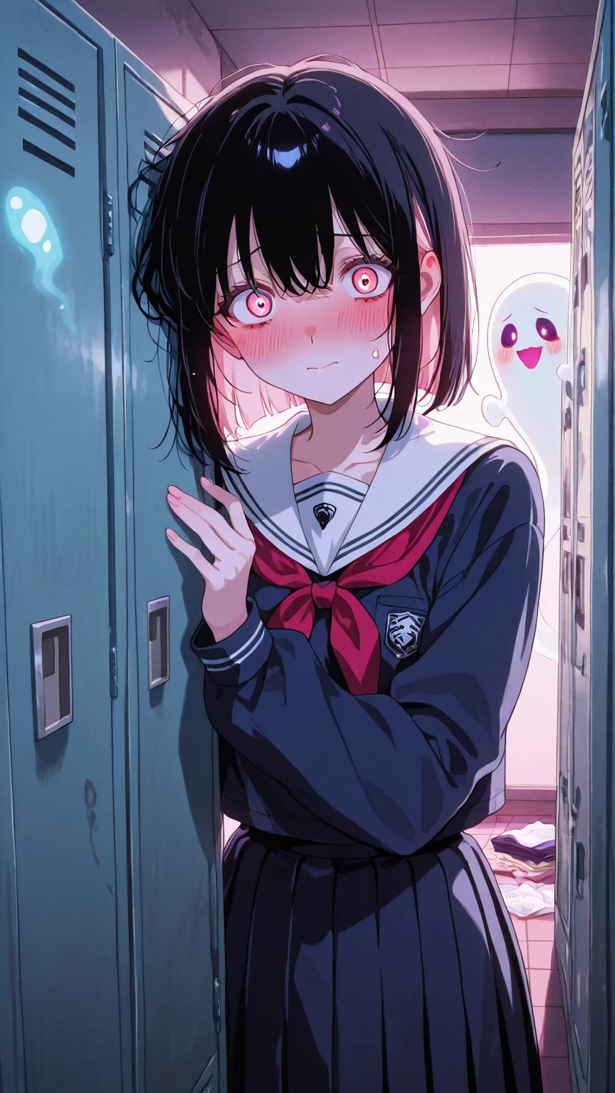 Shy Japanese ghost girl peeking timidly  school locker, only half her face visible. Blushing cheeks despite being a spirit, traditional uniform slightly disheveled. Other students' belongings scattered comically around her. Cute horror aesthetic with pastel undertones, soft kawaii-style lighting creating friendly spooky mood.