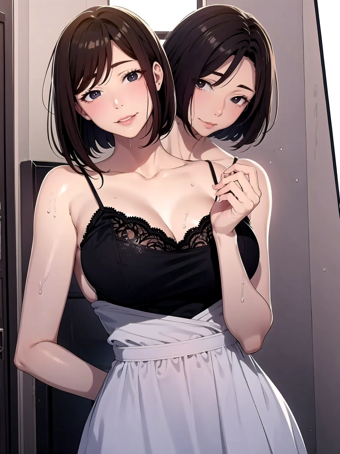 (Highest quality,High resolution,Pixel perfect,8K), (1 Girl:1.2), Beautiful woman,((Wavy mid-length hair, bangs, Brown Hair)), ((Brown eyes, Beautiful eyelashes, Realistic eyes)), ((Detailed face, blush:1.2)), ((Smooth texture:0.75, Realistic texture:0.65, Realistic:1.1, Anime CG Style)), Slender body, Medium Chest, Perfect body, (Earrings,necklace,Sleeveless turtleneck sweater,mini skirt, ((Skirt flip)), A shy smile, ((Her lacy panties are visible:1.1), (Multiple Views,Two views), (The sexy, beautiful girl next door:1.2), Inviting expression, Trying to take off my top