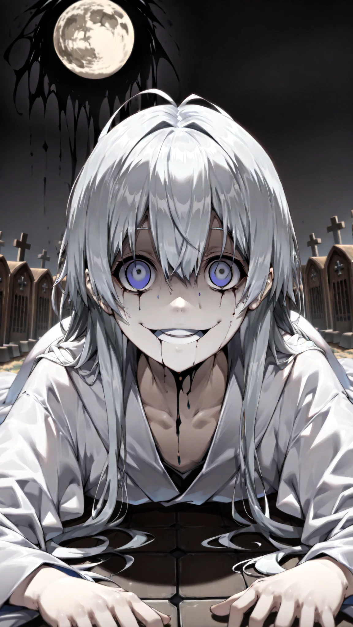 Please generate a realistic image of Jeff the Killer with a creepy and sinister expression. Ensure that the facial details are well-defined, including his pale and mask-like skin, large and menacing eyes, and a wide and disturbing smile. Add dramatic shadows to enhance the eerie atmosphere of the image. The overall composition should convey a sense of fear and discomfort. Please make sure the image is high-quality and realistic. The goal is to capture the terrifying essence of the character Jeff the Killer. --auto --s2
