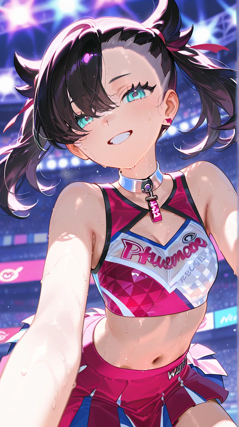 masterpiece, best quality, 1girl, wearing skimpy rave clothes, wearing rave accessories, dynamic pose, dynamic angle, wet fabric, foreshortening, broad smile, colored hair, busy nightclub background, wet ,highly detailed, on stage, crowd in background, neon lights, expressive style,