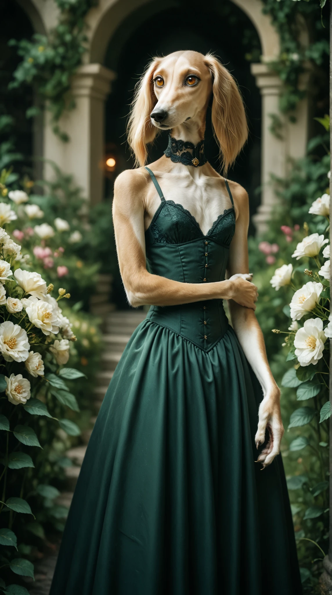 embarrassed girl standing in a dark green dress. Set against an Victorian backdrop that is covered in flowers. saluki, greyhound, borzoi, sighthound, beautiful eyes, golden eyes, paws, (black fur), flat chest, armpit