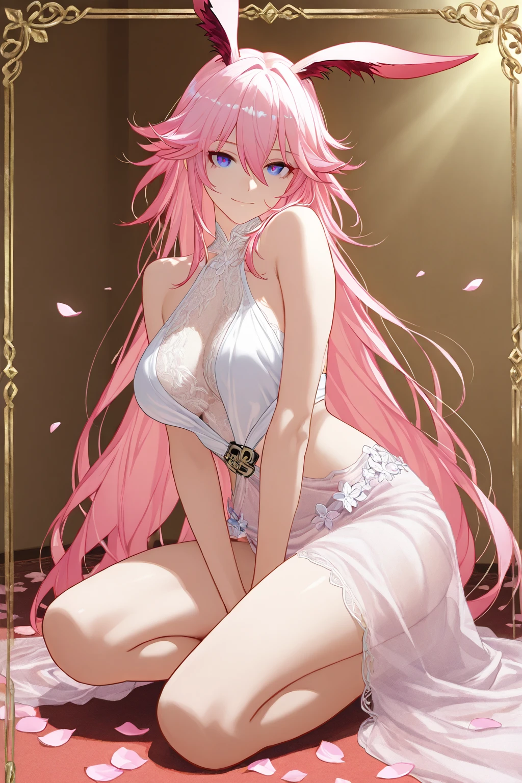 An anime girl, Zero Two, 002 from Darling in the Franxx, is depicted in this (best quality, 4k, 8k, highres, masterpiece:1.2), ultra-detailed art piece. The artwork is created in the Anime art style, which adds a touch of uniqueness to the portrait. The focus is solely on the one_girl, Zero Two, who has long hair adorned with beautiful detailed horns. Her hair is pink and cascades down her back, creating a visually stunning effect. She is seen wearing smooth pantyhose, which accentuates the curves of her legs. The artwork pays attention to every detail and highlights her enchanting smile and captivating gaze. Zero Two is wearing a delicate hairband that adds an elegant touch to her appearance.
In this artwork, Zero Two is portrayed in a solo pose, with her elegant arms either behind her head or raised gracefully. She has stylish bangs that beautifully frame her mesmerizing green eyes. Zero Two is dressed in an elegant dress, which complements her delicate features. Her facial expression includes a delicate closed mouth that exudes a sense of confidence.
The background is kept simple to allow the focus to remain on Zero Two. The artwork showcases the grace and elegance of Zero Two, with her captivating presence drawing all attention to her. The hues and tones are carefully selected to create a visually pleasing color palette.
The lighting in this artwork is meticulously crafted to bring out the details in Zero Two's features. The studio lighting enhances the realistic and photorealistic aspects of the artwork, making it a true masterpiece. The choice of lighting adds depth and dimension to the overall composition.
The art piece portrays Zero Two in a confident standing pose, exuding elegance and poise. She exudes a sense of strength and charisma that is reflected in her posture and expression. Her fiery red horns add a touch of uniqueness and complement her exquisite lingerie, which is both breathtaking and alluring. Zero Two's cascading very long hair is straigh
