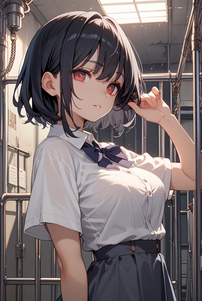 bound arms, arms behind back, rope, highres, highest quallity, illustration, ultra detailed, (detailed face), (detailed eyes), soft lighting, best quality, hyper detailed, masterpiece, looking at viewer, angry, open mouth, 1girl, solo, short hair, brown hair, school uniform, skirt, (colorful), upper body, shack, window, night, <lora:bound_arms_v1-000006:1>