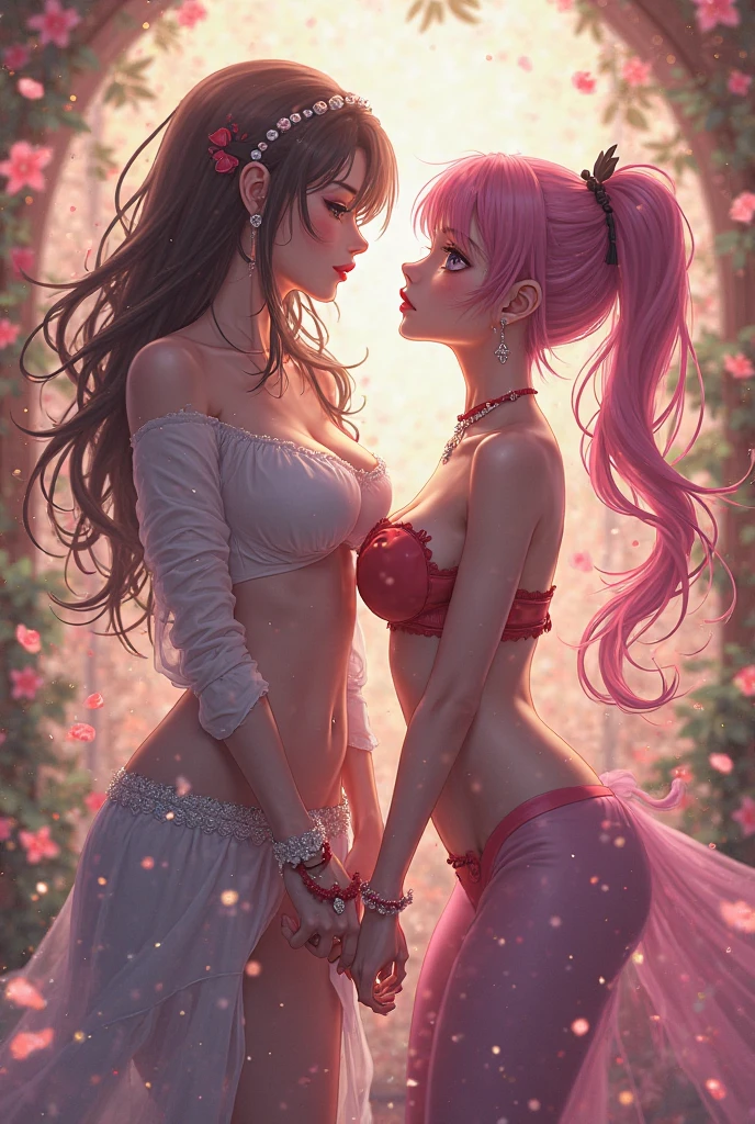 Best quality,Amazing,Masterpiece,Delicate,超高分辨率,Ultra detailed,intricately details,Beautiful detailed,8K resolution,(Extremely detailed Cg Unity 8K wallpaper),Sharp focus,((No text)),breast conscious,Huge bare breasts,Areola bareness,Bare breasts explode,Lively bare breasts,Bare breasts,High transparency and transparency of bikini tearing,,Tongue stock,Makeup,Happy,Reflectors,ahegao,Pink eyes,Heart earrings,2girls,Female pervert,view the viewer,hair flower,Long hair,multicolored hair,Shiny hair,Barefoot,Bottomless,Thick thighs,Bare legs,Look at each other from the front、((Feminine kiss))、(((French kiss for women)))、Women hugging each other,As if pushing each other、Staring at each other、Moist eyes、half-open lips、Beautiful、Red blush(0.2)、Functional、seductiv、Trance、instigate、Beauty、bustup、Shunguang、、Shoot diagonally down from the front、precise drawing、Detailed drawing、Precise anatomy、