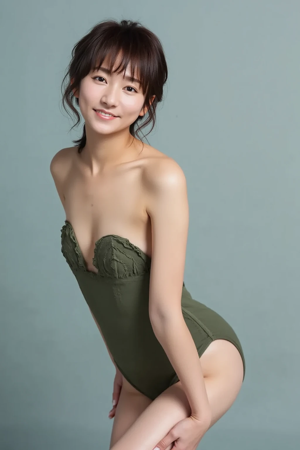 (Masterpiece:1.3), (8k, Photorealistic, RAW Photography, Best Quality: 1.4), (((1girl:1.3))), A pretty woman with perfect figure :1.4, Cute face, Beautiful Face, (Realistic Face), Beautiful Hairstyle, Realistic Eyes, Beautiful Details, (Realistic Skin), Beautiful Skin, Attractive, Ultra High Definition, Ultra Realistic, Very Detailed, (small breasts:1.3), (cleavage:0.8), Japanese walking the runway at a fashion show, semi-long curly hair, bangs, (Brown hair, small breasts:1.3), ((slim figure:1.2)), Small buttocks, ((Off shoulder micro light green bikini)),  (narrow areola, small areola), (perfectly shaped ), (Small and beautiful ), poses of fashion models, gentle smile