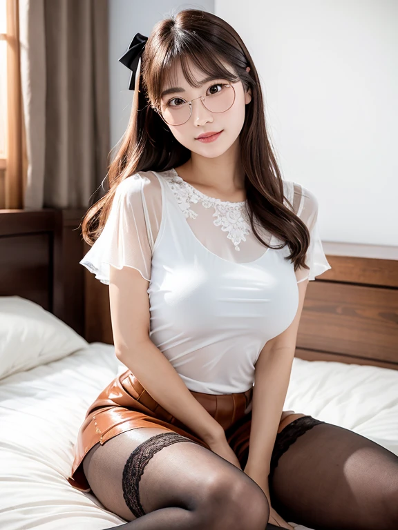 finest image, 8k, RAW photo, realistic, detailed, delicate, flashy and dynamic depiction, anime, illustration, intelligent beauty, glasses, laugh like a prankster, happy, shy, white glossy flowing layered messy wavy iridescent medium hair, forehead, blue sparkling big eyes, full makeup, red alluring moist big thick lips, (white shirt, black tight miniskirt, black knee high socks, thighs:1.4), large breasts, slender, perfect proportion, background office room, professional lighting