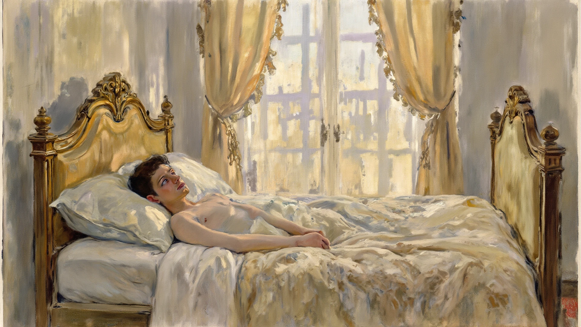 one beautiful young man naked lying down on his bed in an ancient bedroom of a French castle, Courbet style, sunset through the window