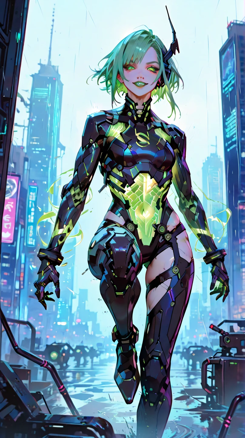 ((Best quality)), ((masterpiece)), (detailed: 1.4), (Absurd), Zulu warrior, very thin, black skin , Clothing with spectacular tribal designs, explosion of colors, cosmic tattoo, nebulous, muscular sculptural body defined, whole body, half thick naked thighs, closed mouth, body covered by technological clothing, Neon Genesis Evangelion style, cyberpunk, generous neckline, ((perfect medium breasts)), (super light blue eyes), ((totally green and orange clothing)),  (((Afro hair))), long eyelashes and black heavy makeup, various African jewelry, garter belt made with barbed wire, by mucha, niji --V5, close to real, psychopath, crazy face, sexy pose, fractal background, 2 pieces clothing, pastel, centered, scale to fit dimensions, HDR (High Dynamic Range),Ray Tracing,NVIDIA RTX,Super-Resolution,Unreal 5,Subsurface dispersion, PBR texture,  Post-processing, Anisotropic filtering, Depth of field, Maximum clarity and sharpness, Multilayer textures, Albedo and specular maps, Surface shading, Accurate simulation of light-material interaction, Perfect proportions, Octane Render, Two-tone lighting, Wide aperture, Low ISO, White balance, Rule of thirds, 8K RAW, crysisnanosuit